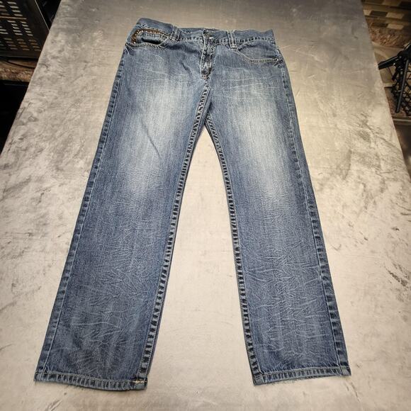 Pelle Pelle Jeans Mens 40x32 Studded Pocket Straight Leg Distressed Denim Pants - Picture 1 of 10